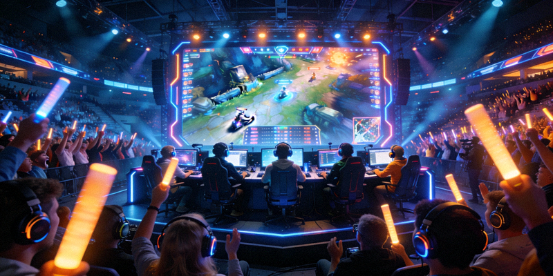 电竞比赛现场，选手在巨大的屏幕前专注操作，观众席座无虚席