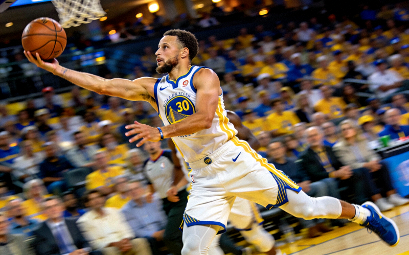 斯蒂芬·库里在比赛中投出三分球的瞬间，背景虚化的观众